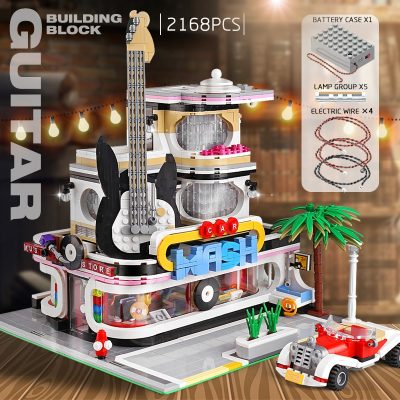 Guitar Shop With LED Light Modular Building MOULD KING 16002 with 2168 pieces